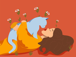A girl lies in an embrace with a cat dark-haired beautiful woman with bright lips and a light blue cat on her chest