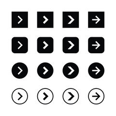 Minimalist arrow icons, black and white design,
directional symbols, user interface elements,
geometric shapes, right-pointing arrows,
navigation buttons, clean vector graphics,
‘square and circular.