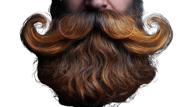 Bearded Grandeur: a close-up of a person showcasing an impressive, intricately styled beard and mustache, with a display of rich color and texture