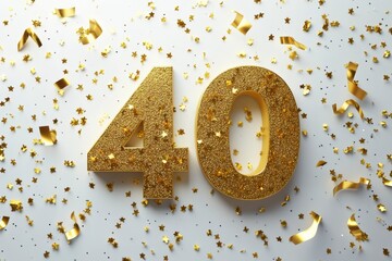 Shimmering Gold Glitter Number 40 with Stars and Confetti Background
