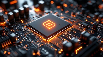3d rendered information technology concept with info symbol on microchip – orange neon data flow connecting users and cpu across a futuristic motherboard