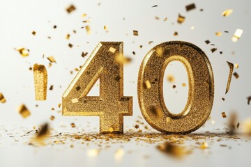 Golden Glittering Number 40 Surrounded by Shiny Confetti Falling