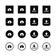 Icon set, cloud computing, upload download
‘symbols, black and white, minimalist design,
user interface elements, square circular
shapes, arrow icons, data transfer, web design,
mobile app buttons.