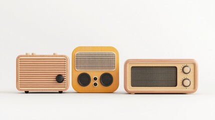 Vintage radio collection with wooden texture and classic design on white background for retro music lovers and decor