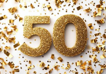 Golden Glittery Number Fifty Surrounded by Festive Confetti