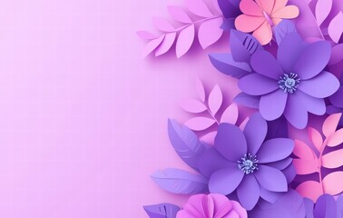big spring sale banner with purple paper cut flowers, copy space for products, spring floral concept, violet and pink roses, leaves decoration