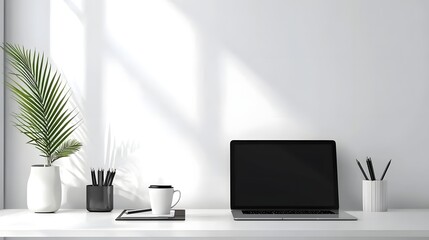Minimalist and clean office workspace setup with laptop computer coffee cup and various desk accessories in a neat and organized arrangement  Represents a productive and professional work environment