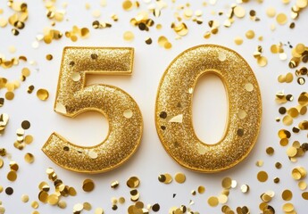 Golden Glittery Number 50 Surrounded by Shiny Confetti Background