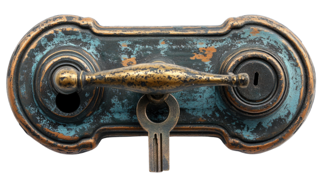 Antique Door Hardware: A close-up of an antique door handle with a key in the keyhole, featuring an intricate design with aged patina and worn brass accents.