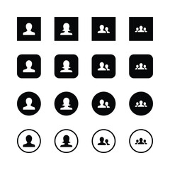 User icons, profile avatars, silhouettes,
minimalist design, black and white, geometric.
shapes, square icons, circular icons, single
person, couple, group, social media symbols,
clean lines.