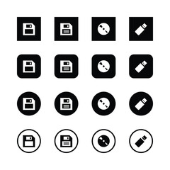 Minimalist computer icons, black and white,
floppy disk, CD, USB drive, save icon, data
storage symbols, simple geometric shapes,
clean design, high contrast, square format,
repeating pattem.