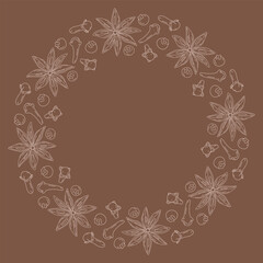Star Anise, Allspices and cloves Circular Frame Spices for mulled wine light on soft brown Template