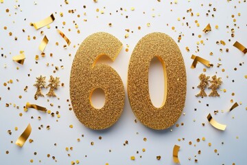 Golden Number Sixty with Festive Confetti on White Background