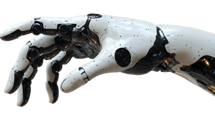 Robotic Hand Close-Up:  A  highly detailed robotic hand, crafted in a sleek white and black design, extends towards the viewer in a grasping motion, evoking themes of technology, innovation.