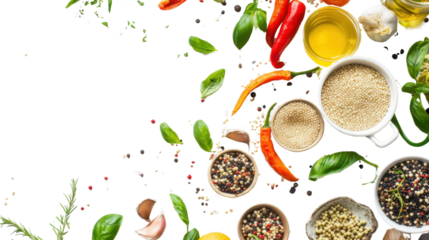 Quinoa, herbs, spices, chili peppers and olive oil creating culinary masterpiece on transparent background