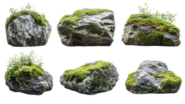 Moss-Covered Rocks Collection: A set of six high-resolution images showcasing various sizes and shapes of moss-covered rocks, isolated on a white background, perfect for landscaping, design. - Powered by Adobe