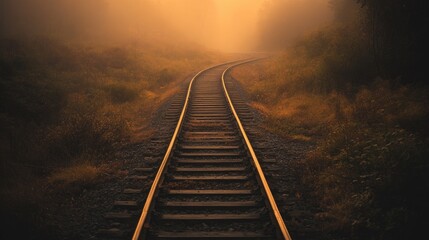 Fototapeta premium An abandoned railway track disappearing into thick morning fog, surrounded by overgrown vegetation and diffused golden light.