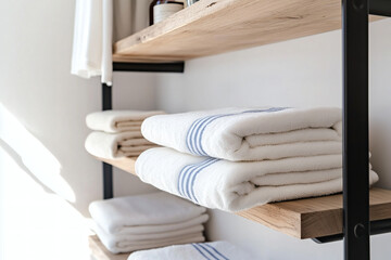 Neatly folded towels on wooden shelves.