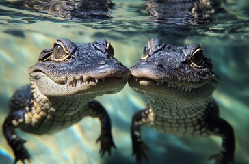 Fototapeta premium Two Alligators Swimming Together Underwater in Clear Water, Close-Up View with Focus on Eyes and Texture of Skin