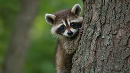 A baby raccoon peeking out from behind a tree, with its fluffy tail and curious expression.