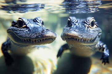 Fototapeta premium Two Alligators Underwater with Clear Reflection, Natural Habitat, Animal Behavior and Interaction Captured in Aquatic Environment, Wildlife Photography