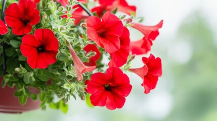 Obraz premium Red petunia flowers creating a colorful display in hanging basket