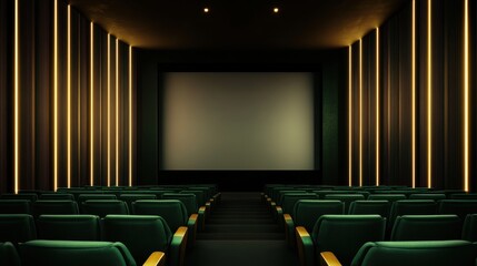 Empty cinema theater interior with green seats and large movie screen for film showings