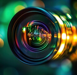 A camera lens with the focus on green and yellow reflections, creating an abstract background. The lens is blurred in motion, 