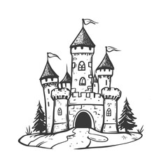 Obraz premium A Hand Drawn Sketch Of A Stone Castle With Three Towers And A Drawbridge