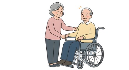 Elderly Asian Couple Smiling Together, Man in Wheelchair