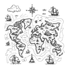 A Hand Drawn World Map With Ships A Compass And Dashed Lines Representing Travel Routes