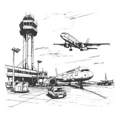 Airport With Airplanes And A Control Tower