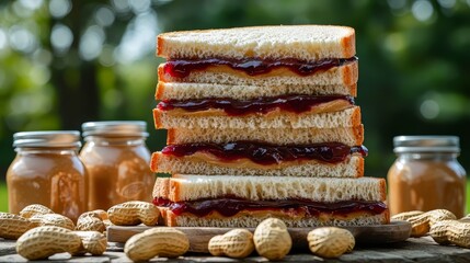 A stack of peanut butter and jelly sandwiches arranged beautifully on a picnic table, surrounded by peanuts and jars of peanut butter, sunny outdoor 