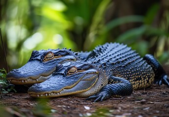 Obraz premium Two Crocodiles Relaxing Amid Lush Greenery in a Tropical Habitat with Sunlight Filtering Through Leaves