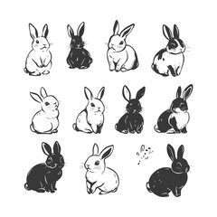 A Set Of Black And White Cartoon Rabbits Sitting On A White Background