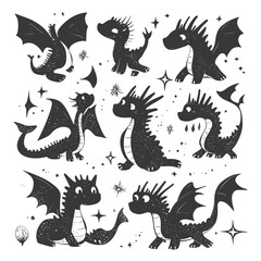 A Set Of Eight Black And White Dragon Silhouettes With Stars