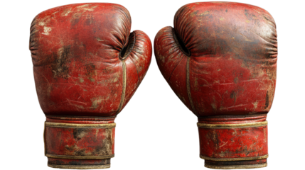 Worn Leather Boxing Gloves: A pair of vintage, well-worn red boxing gloves, with distressed leather and golden trim, evoke a sense of grit, determination, and resilience in the ring.