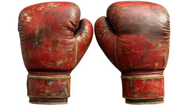 Worn Leather Boxing Gloves: A pair of vintage, well-worn red boxing gloves, with distressed leather and golden trim, evoke a sense of grit, determination, and resilience in the ring.