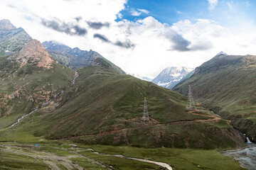 Beautiful landscape at Zojila Pass with Himalayan mountains and a motorable road from Srinagar to Kargil, Jammu, and Kashmir, India.