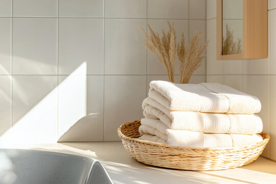 Freshly Folded Towels in Bathroom