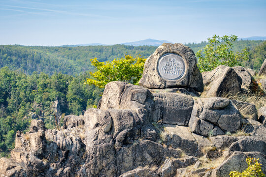 Witch Dance Square, Germany &ndash; August 27, 2024: Near the Witch Dance Square a memorial for the  writer Heinrich Ernst Wachter (1871-1945) can be found. The anti-Semitic writer founded Bergtheater Thale