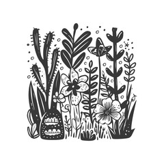 Black And White Illustration Of A Variety Of Plants And Flowers
