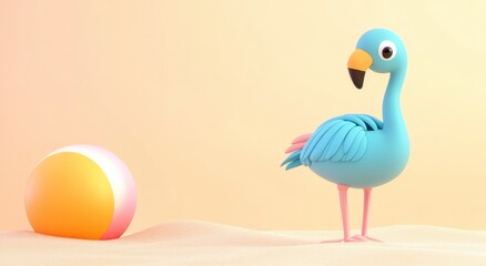 Obraz premium Colorful Cartoon Flamingo with Beach Ball on Sand Background