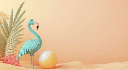 Obraz premium Tropical Flamingo with Beach Ball Against Soft Sand Background