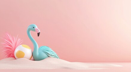 Obraz premium Playful Flamingo with Beach Ball on Pink Sandy Background