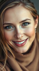 Smiling young woman with beautiful eyes wearing brown sweater looking at the camera
