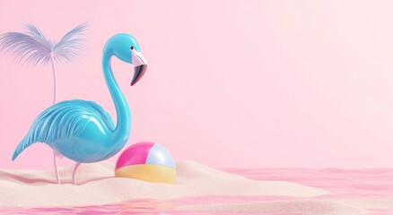 Obraz premium Playful Blue Flamingo with Beach Ball on Pink Sandy Shoreline