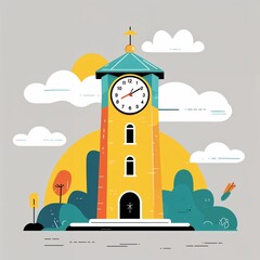 outdoor clock tower on plain yellow background childish style illustration