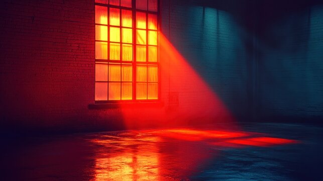 Red light warehouse window, dusk, urban, grunge, cinematic
