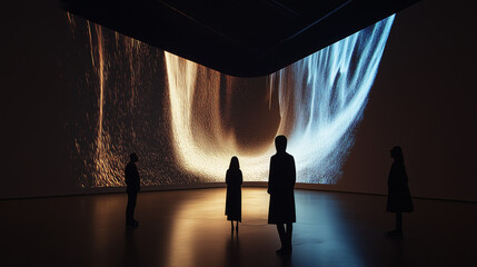 Immersive Digital Art:  A group of people stand silhouetted against a dramatic projection of a waterfall on a massive screen, creating a visually captivating blend of technology and artistry.